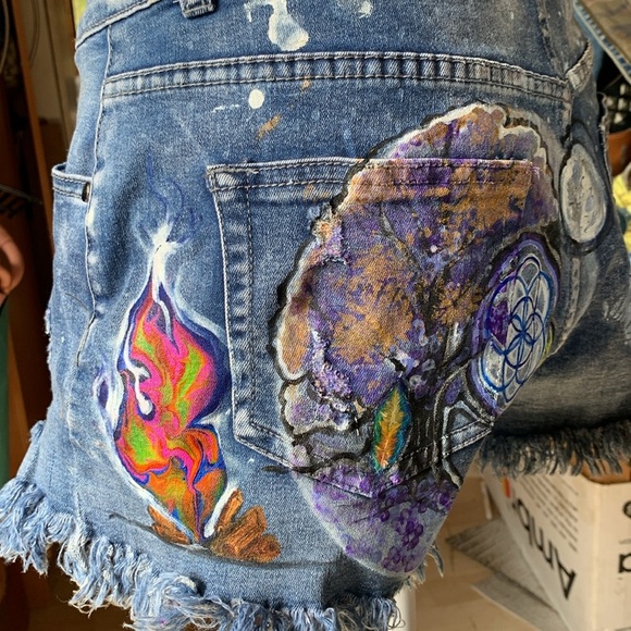 Upcycled Denim Shorts Unique Skater Streetwear Y2K Painted Embroidered Art Wear - Picture 4 of 11